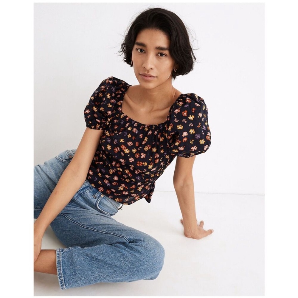 Madewell Smocked Waist Crop Top Aloha Floral Puff Sleeve Blouse